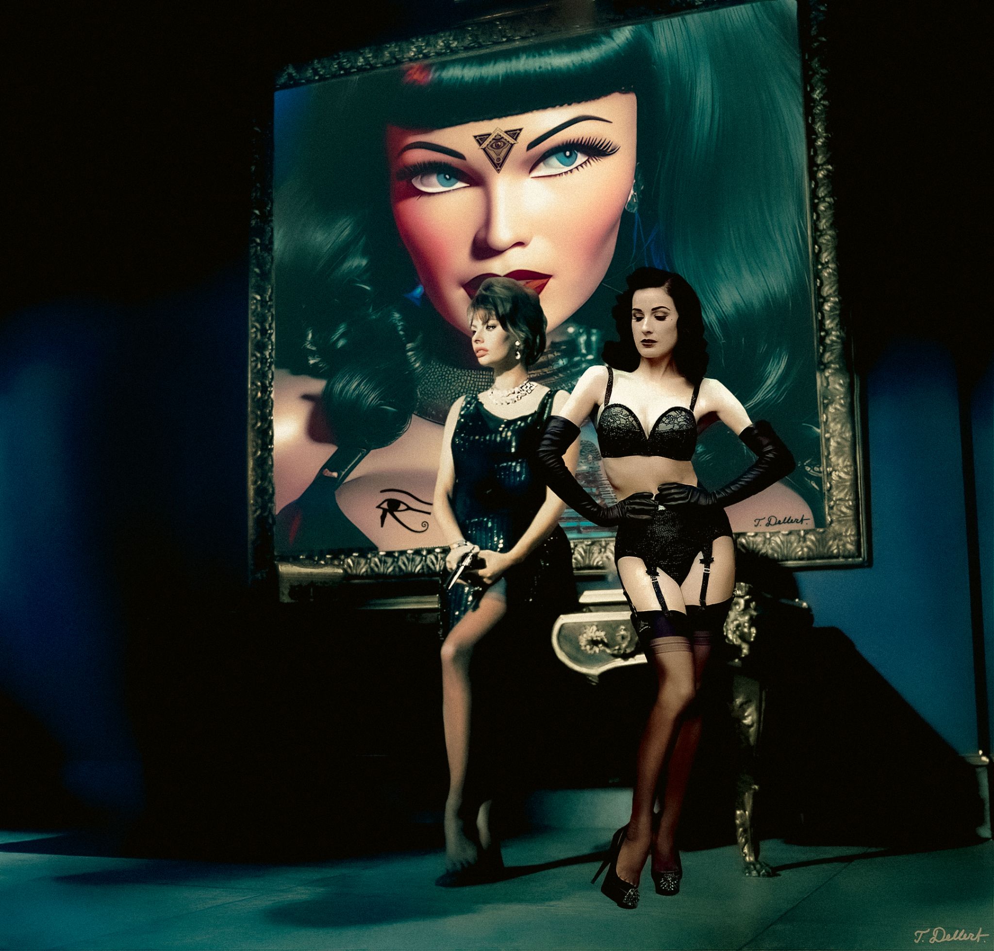 Dita with Sophia Loren in front of an artwork by T Dellert 